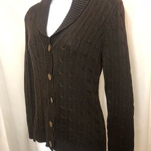 Jones New York Brown Heavy button up sweater with ribbed cuffed V neckline. S